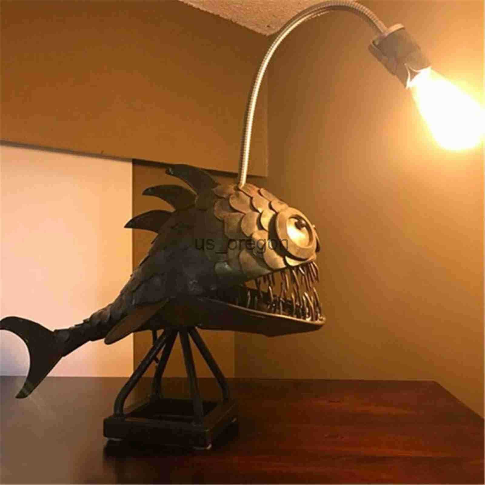Decorative Objects Figurines Creative Angler Fish Desk Lamp Shark Desktop Night Light USB Metal Art Lantern Table Decoration Bedroom Home Decoration G