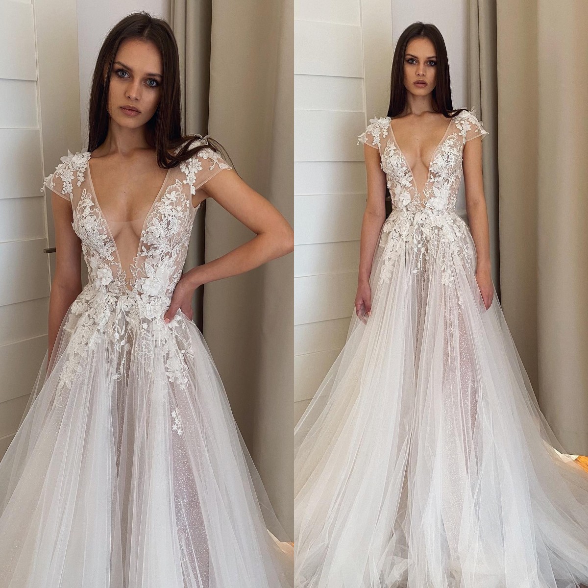 V-Neck Lace Elegant Appliques A-e Wedding Dress With Cap Sleeves And Sweep Train