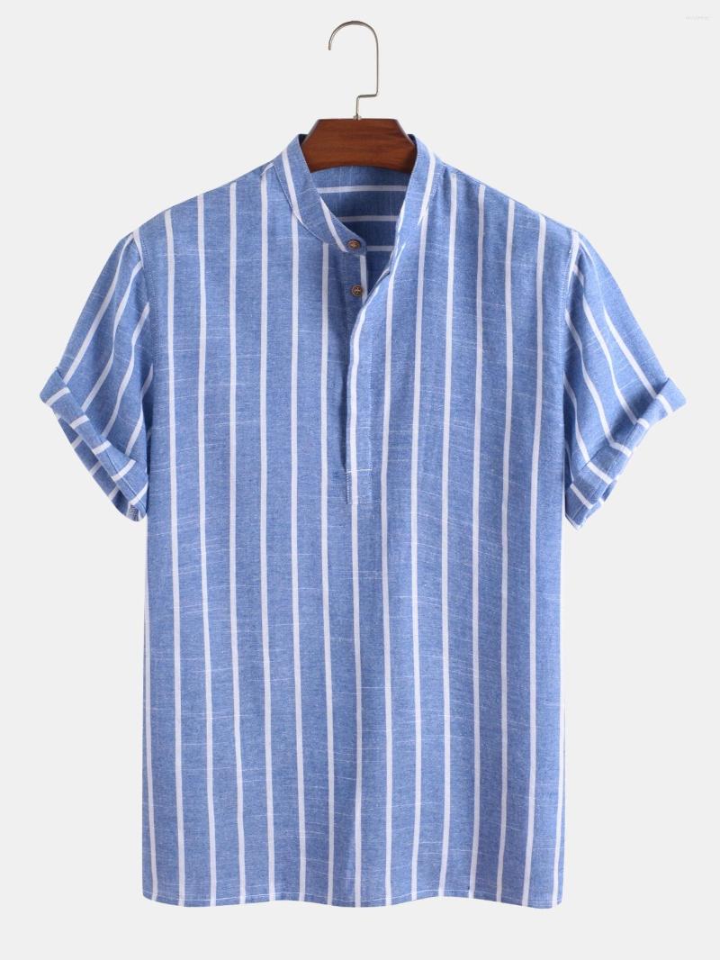Men's Dress Shirts Mens Stripe Printed Short Sleeve Stand Collar Cotton Casual Blue Henley
