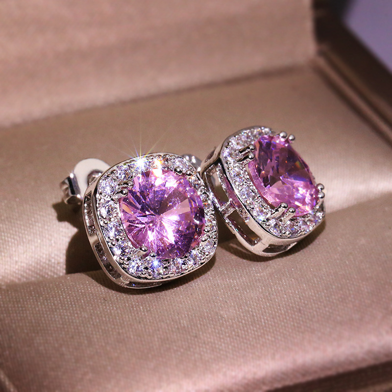 Luxury 925 Silver Geometric Round Diamond Stud Earrings for Women - Shiny Crystal Pins