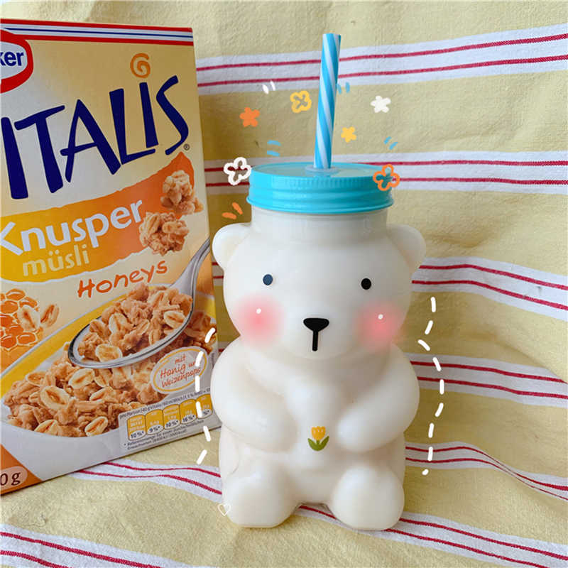 550ml New Funny Bear Drinking Bottle Cartoon Cute Clear Glass Water Bottle With Straw Milk Water Cup Birthday Gift For Girls L230620