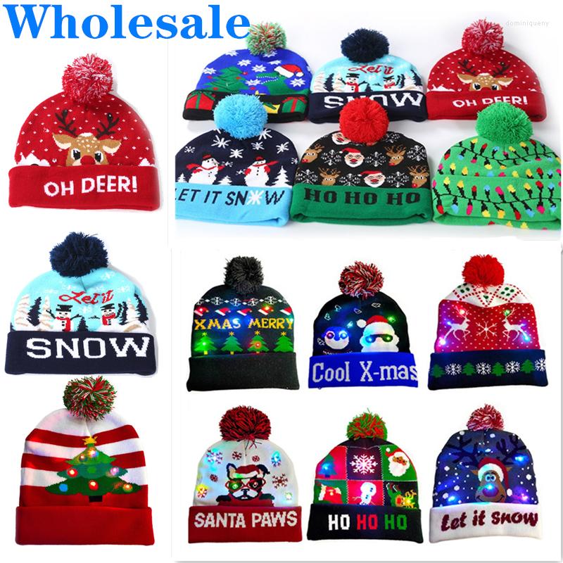 

Berets Wholesale Children LED Christmas Hat With Lights Winter Warm Cartoon Knitted Pompom Beanie Cap For Kids Decoration, Let it snow