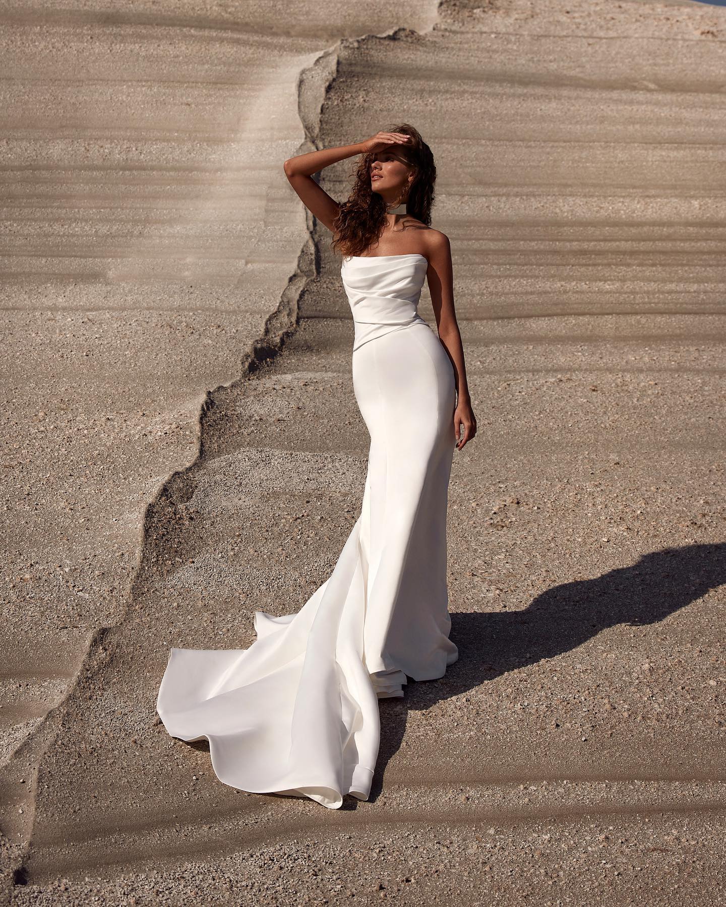 Strapless Pleated Satin Mermaid Wedding Dress with Sweep Train