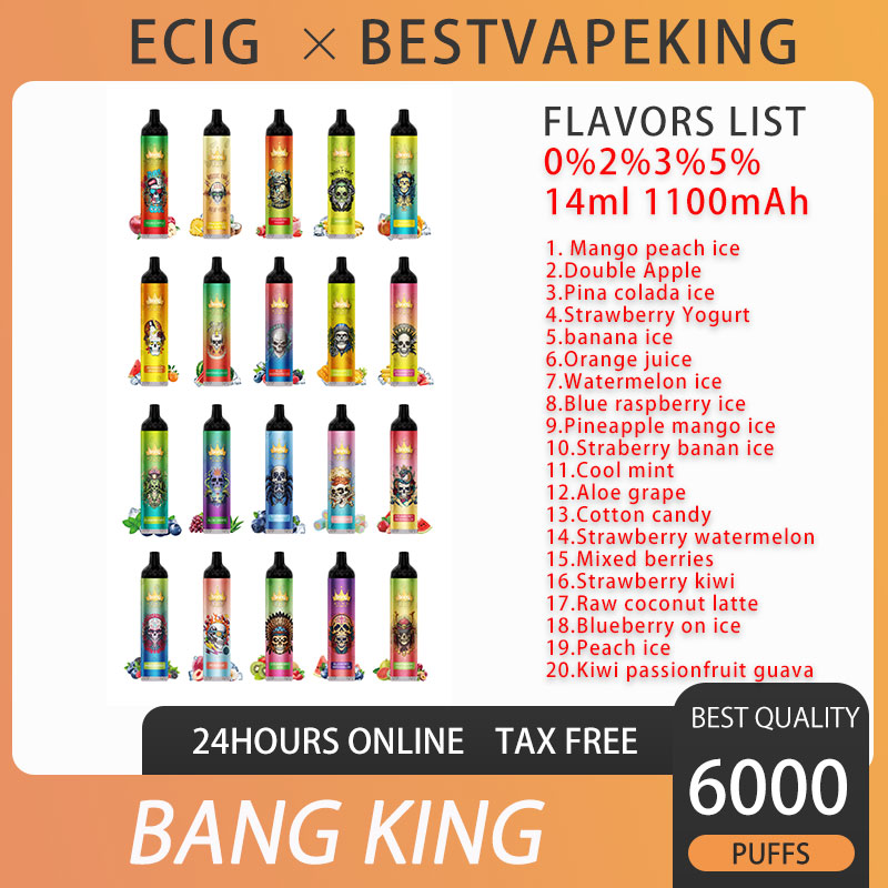 Bang King 6000 Puffs Disposable E Cigarettes Vape Pen 0% 2% 3% 5% 1100mAh 20 flavors Rechargeable Battery Prefilled 14ml Coil Cartridge Vapor Bar VS bang 6k
Bang King 6000 Puffs Disposable E Cigarettes Vape Pen 0% 2% 3% 5% 1100mAh 20 flavors Rechargeable Battery Prefilled 14ml Coil Cartridge Vapor Bar VS bang 6k