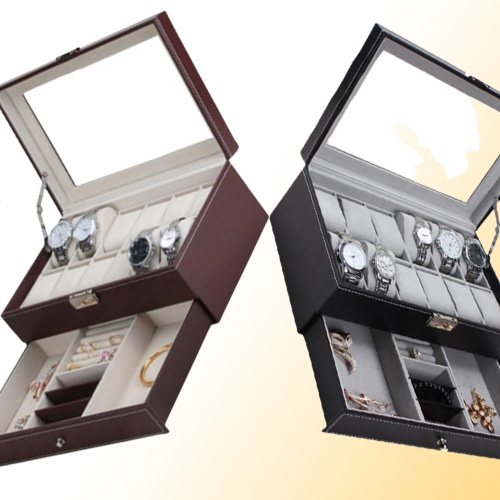 New 12 Grids Slots Double Layers PU Leather Watch Storage Box Professional Watch Case Rings Bracelet Organizer Box Holder