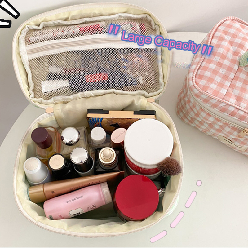 Cosmetic Bags Cases Plaid Pattern Toiletries Case Flip Makeup Bag with Zipper Quilted Cotton Cosmetics Storage Box for Woman and Girls 230627