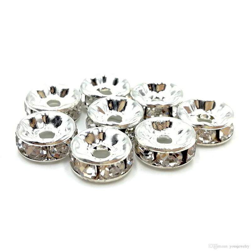 Tsunshine Components 100Pcs Rondelle Spacer Crystal Charms Beads Silver Plated Czech Rhinestone Loose Bead for Jewelry Making DIY