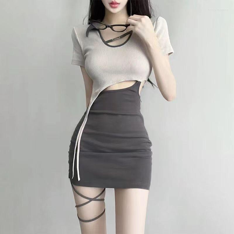 

Party Dresses French Sweet And Spicy Wrapped Hip Short Sleeve Dress Summer Girl Hollow Out Slim Fit Sexy Fashion Skirt, Gray