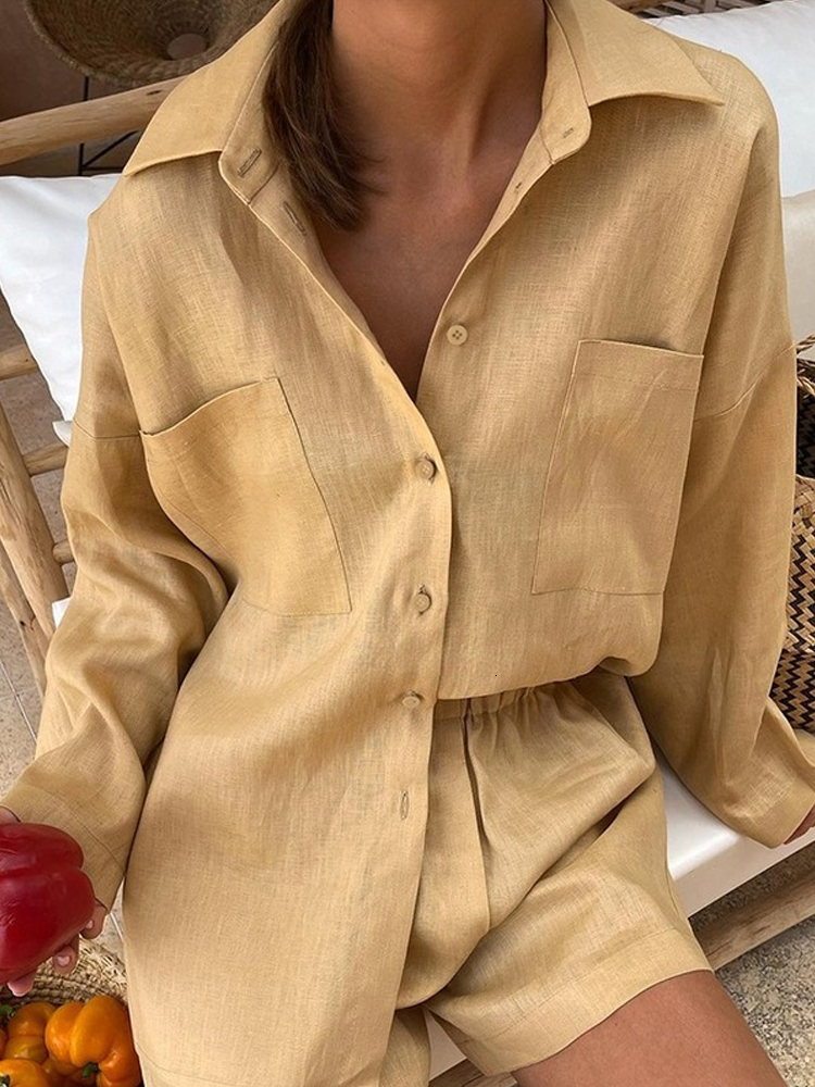 Two Piece Dress Black Womens Summer Suit Shirt and Shorts Loose Cotton Linen Long Sleeve Top Oversize Twopiece Set for Women Outfits 230627