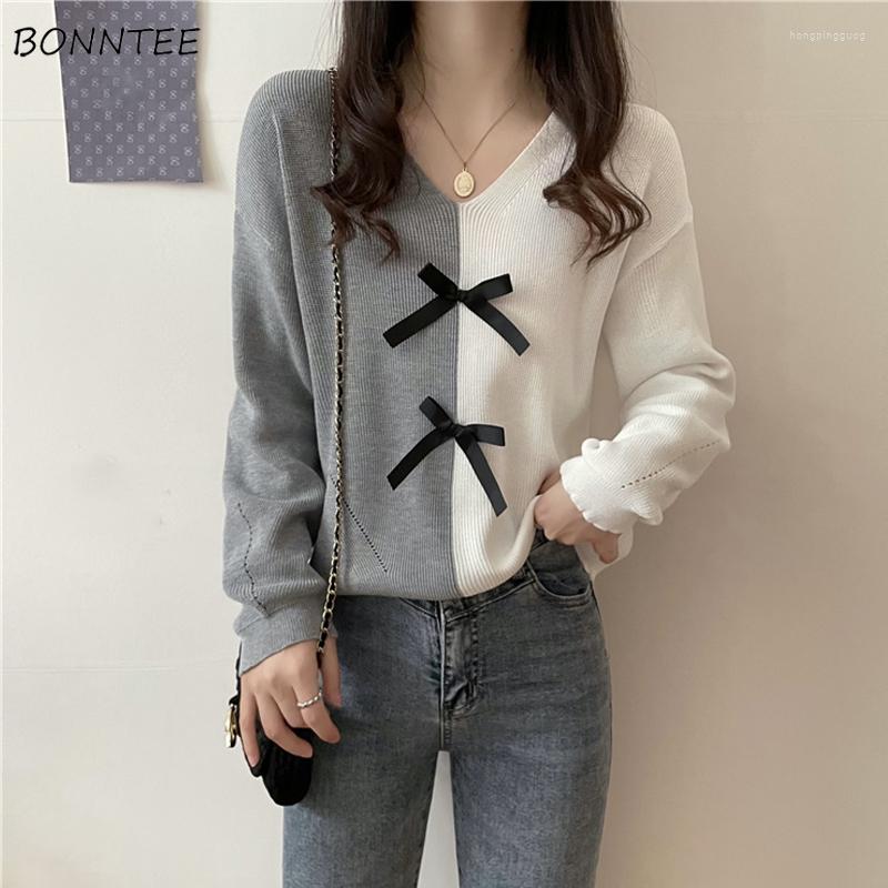 Women's Sweaters Pullovers Women Patchwork Bow Chic Korean Style Cozy Loose V-neck Spring Warm Fashion All-match Collage Daily Elegant, Gray