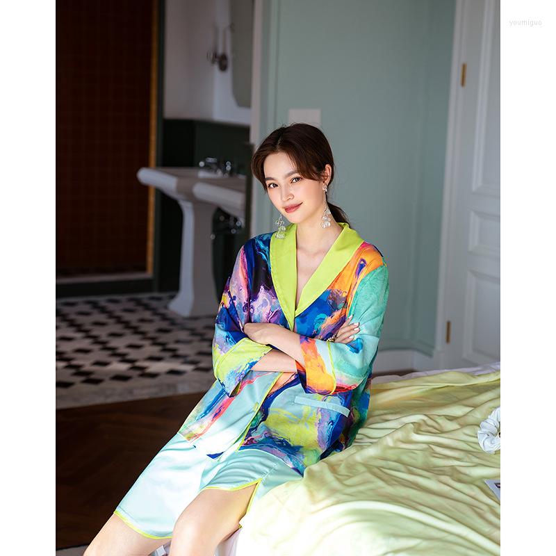 Women's Sleepwear Colorful Ice Silk Pajamas Women's Suit Thin Home Clothes Short Sleeve Shorts Two-piece Set, As photo
Women's Sleepwear Colorful Ice Silk Pajamas Women's Suit Thin Home Clothes Short Sleeve Shorts Two-piece Set, As photo