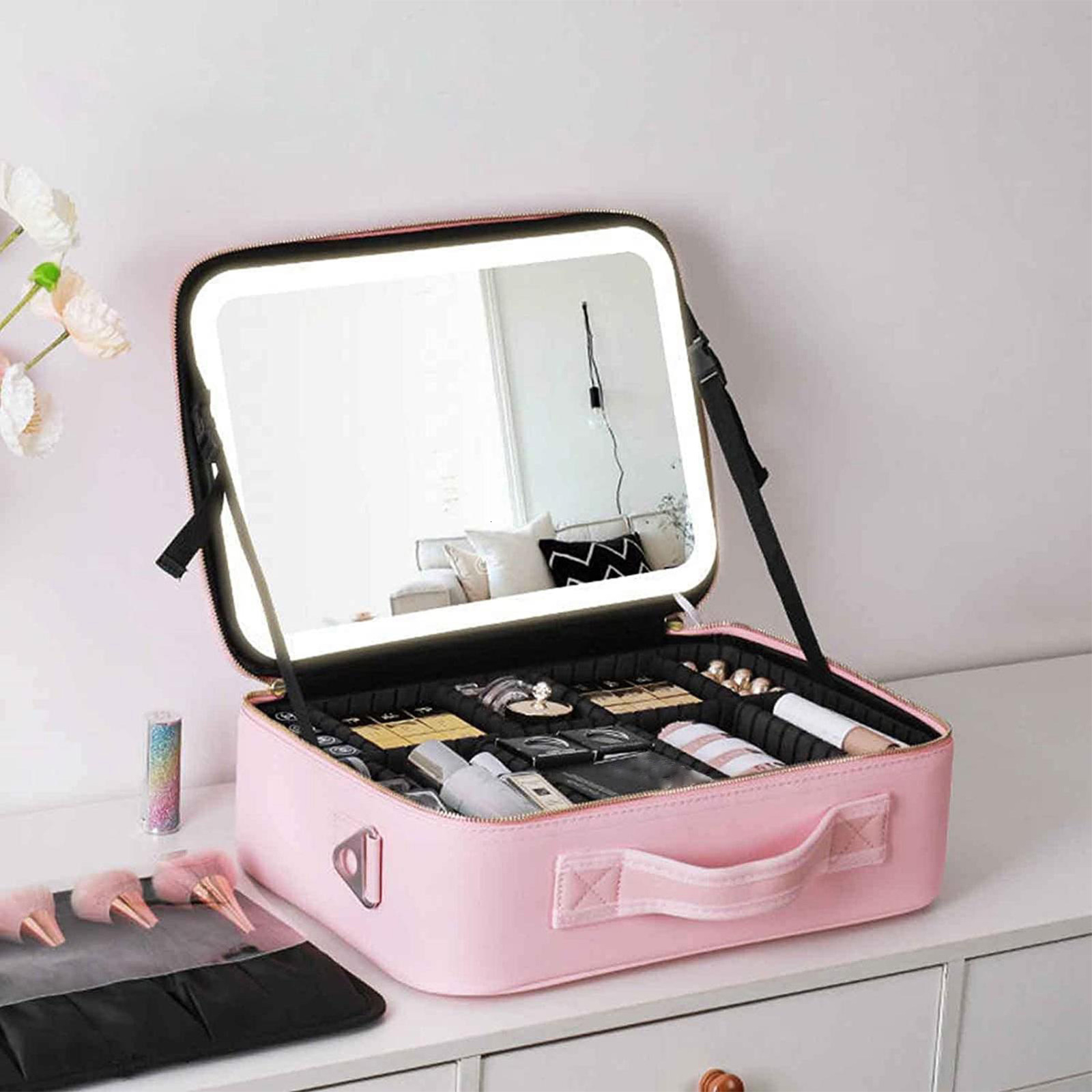 Cosmetic Bags Cases Smart LED Makeup bag With Mirror With Compartments Waterproof PU Leather Travel Cosmetic Case For Women 230627