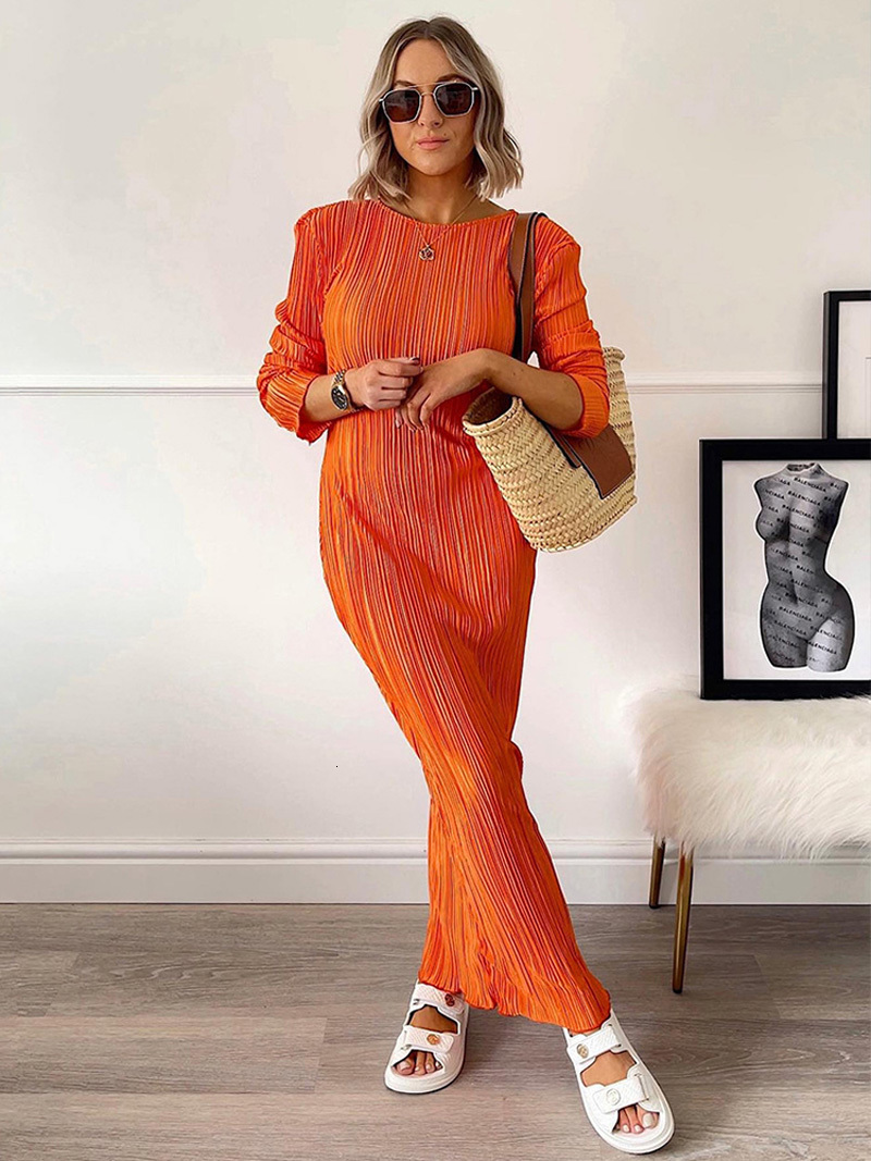 Basic Casual Dresses Autumn Winter Women Solid Maxi Pleated Dress Elegant Long Sleeve Slim Fit Bodycon Club Pencil For 230627, Orange
Basic Casual Dresses Autumn Winter Women Solid Maxi Pleated Dress Elegant Long Sleeve Slim Fit Bodycon Club Pencil For 230627, Orange