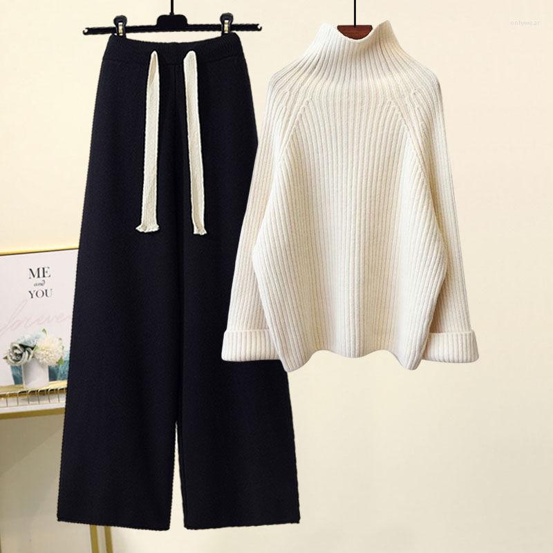 Women's Two Piece Pants Autumn Winter Women Knitted Set Turtleneck Long Sleeve Solid Pullover Sweater Casual Wide Leg Pant Outerwear