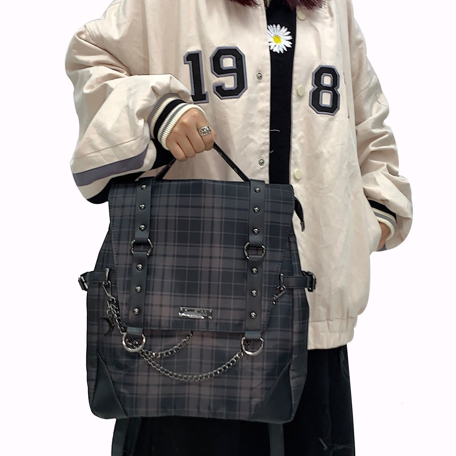 School Bags Y2K Women Gothic Punk Rock Check Chain Travel Large Capacity Backpack Bag Black Dark Academia Bags Schoolbag Backpacks Alt Men 230627