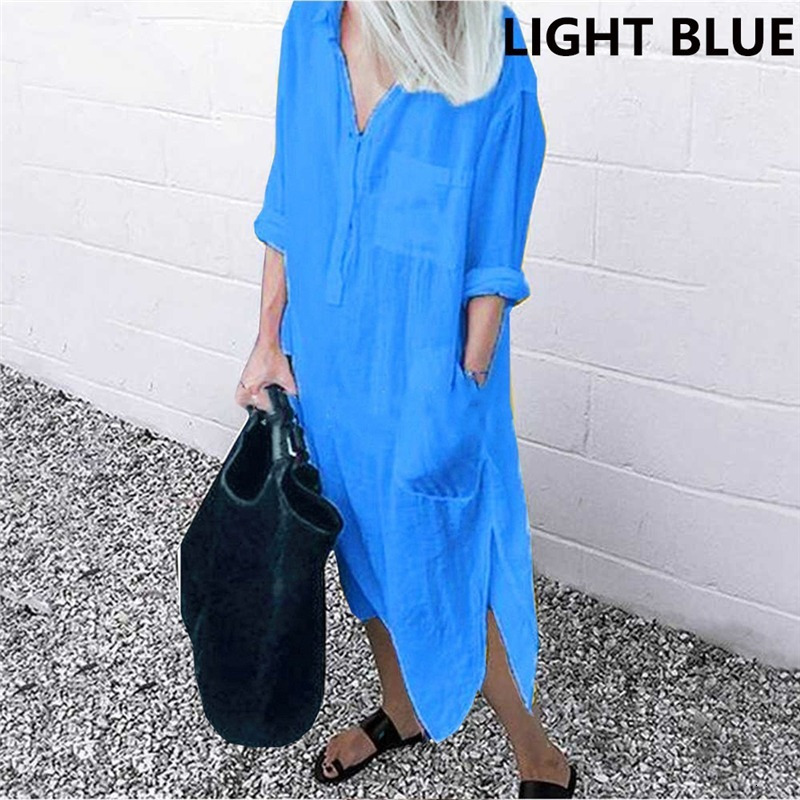Basic Casual Dresses Summer Shirt Long Dres Sleeve Side Split Button 2023 Female Elegant Solid Color Pocket Loose 230627Z