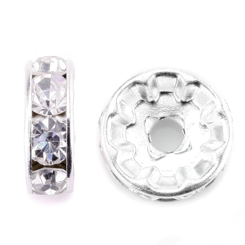 Tsunshine Components 100Pcs Rondelle Spacer Crystal Charms Beads Silver Plated Czech Rhinestone Loose Bead for Jewelry Making DIY