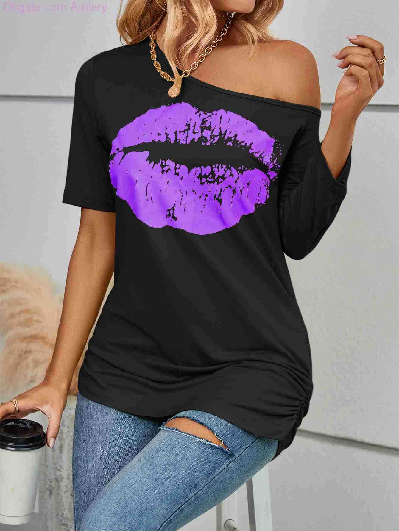 Summer Women T-shirt Lip Printed Short Sleeve T-shirts Off Shoulder Irregular Fashion Slim Tops Black Casual Plus Size Woman Clothing Shirts Xxxl