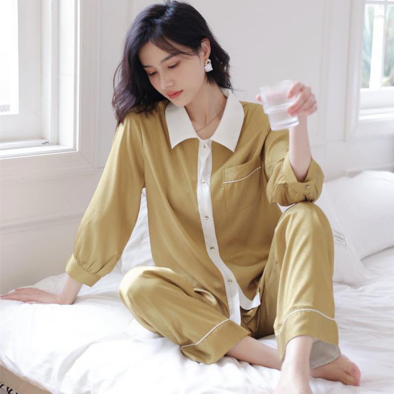 Women's Sleepwear Spring 2PCS Pajamas Satin Sleep Set Women Lapel Shirt&Pants PJS Suit Long Sleeve Elastic Waist Intimate Lingerie, White
Women's Sleepwear Spring 2PCS Pajamas Satin Sleep Set Women Lapel Shirt&Pants PJS Suit Long Sleeve Elastic Waist Intimate Lingerie, White