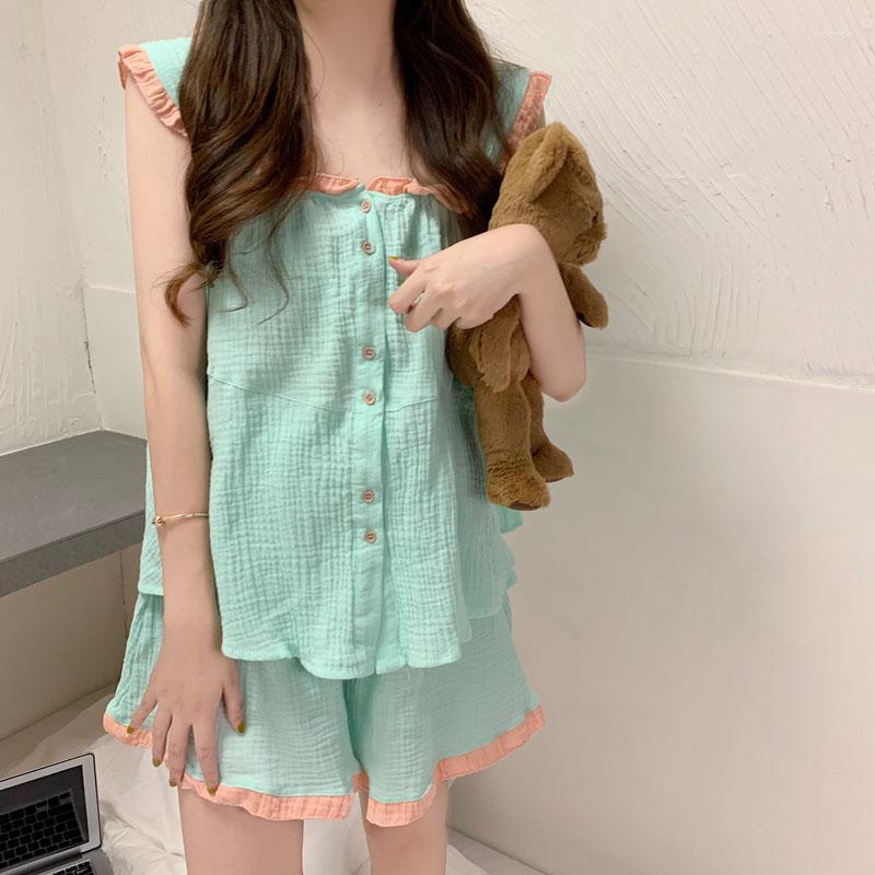 Women's Sleepwear Pijamas Femme Muslin Summer Pajamas Sets Women Ruffle Sweet Loungewear Two Pieces Set Girls, Green
Women's Sleepwear Pijamas Femme Muslin Summer Pajamas Sets Women Ruffle Sweet Loungewear Two Pieces Set Girls, Green