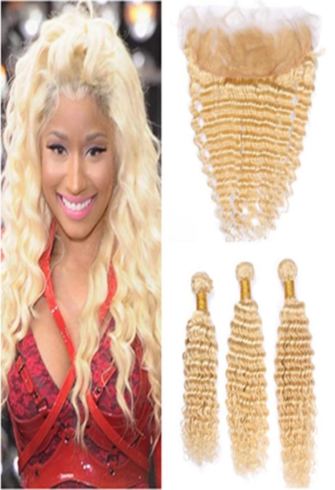 613 Blonde Malaysian Virgin Hair Weft Extensions with Frontal Closure Blonde 3 Bundles Deep Wave Human Hair Weaves with Lace Fron1399603 
613 Blonde Malaysian Virgin Hair Weft Extensions with Frontal Closure Blonde 3 Bundles Deep Wave Human Hair Weaves with Lace Fron1399603