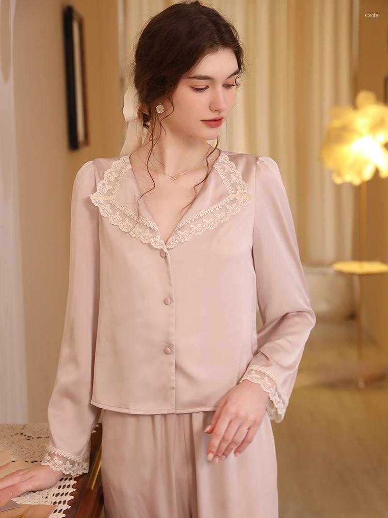 Women' Sleepwear Women Spring Autumn Long Sleeve Shirt Silk Pajamas Lounge Sets French Fairy Lace Lapel V-Neck Victorian Nightgowns, Pink 
Women' Sleepwear Women Spring Autumn Long Sleeve Shirt Silk Pajamas Lounge Sets French Fairy Lace Lapel V-Neck Victorian Nightgowns, Pink