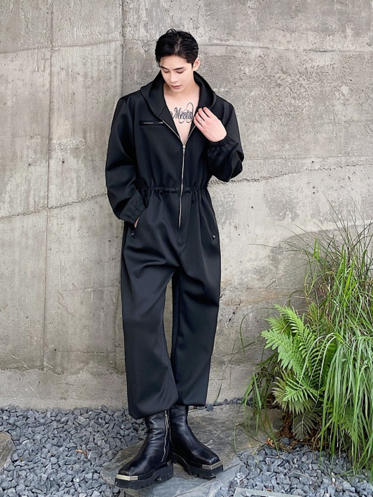 Men's Jeans SYUHGFA 2023 Autumn Men Clothing Zipper Hooded Jumpsuit Black Overalls Loose Cargo Pants Vintage Fashion Casual 230628
