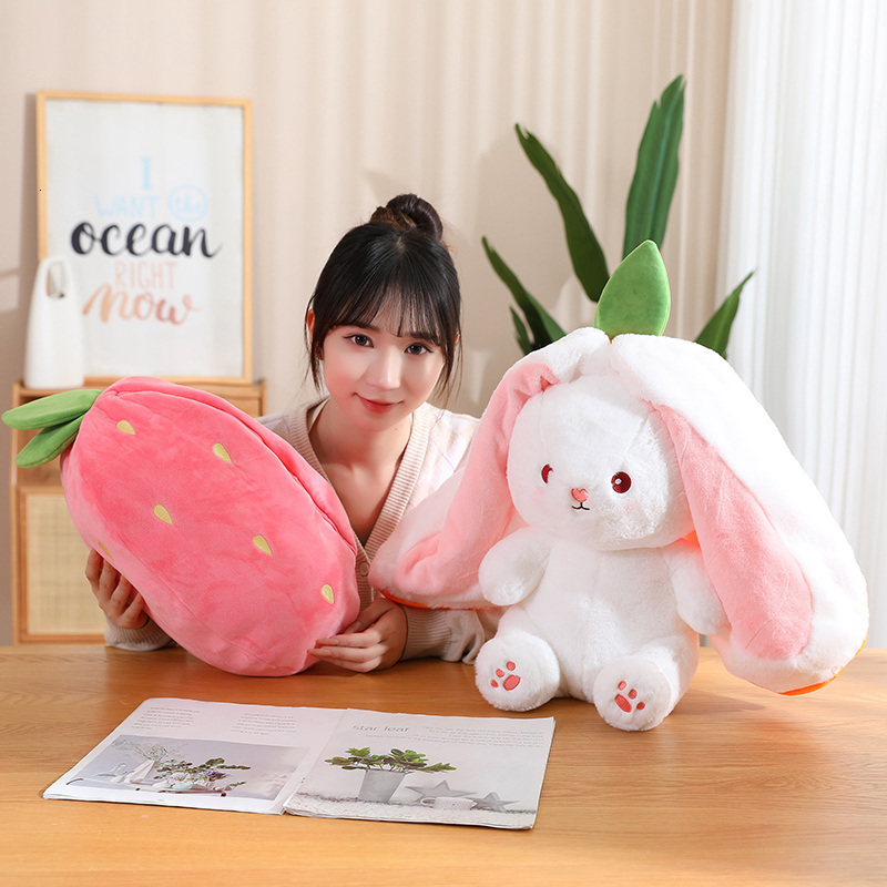 Plush Pillows Cushions 35cm Creative Funny Doll Carrot Rabbit Toy Stuffed Soft Bunny Hiding in Strawberry Bag Toys for Kids Girls Birthday Gift 230628