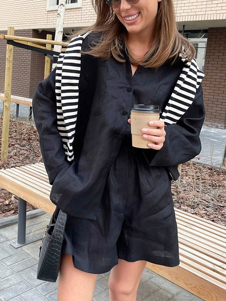 Two Piece Dress Black Womens Summer Suit Shirt and Shorts Loose Cotton Linen Long Sleeve Top Oversize Twopiece Set for Women Outfits 230627