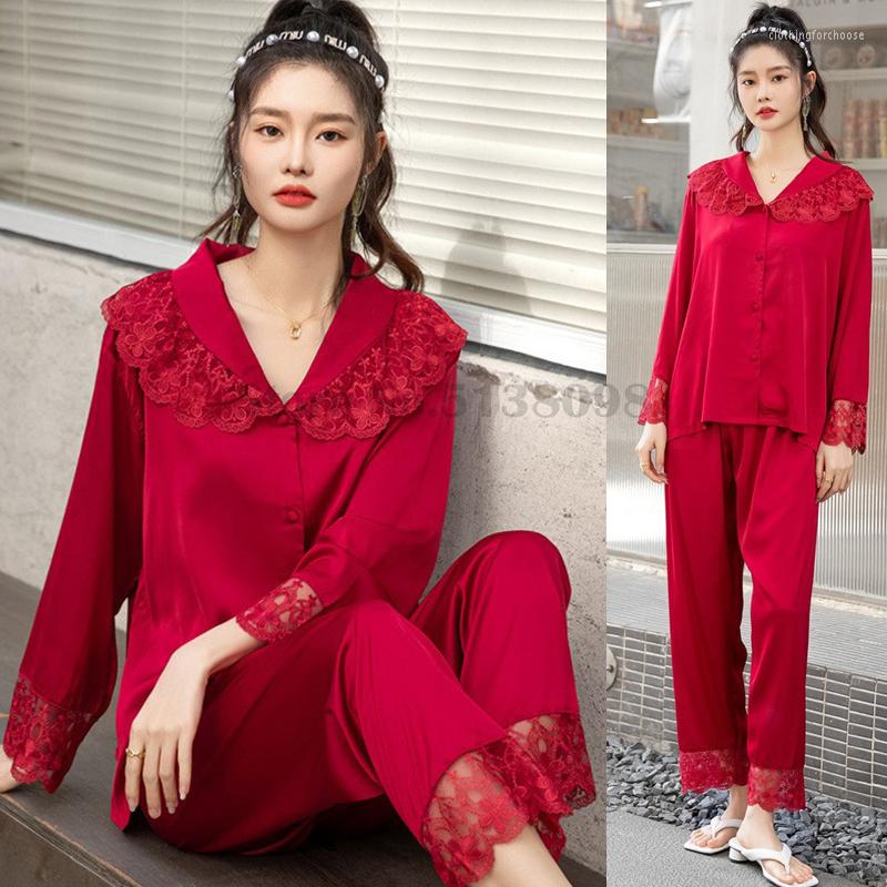 Women's Sleepwear Women's Pajamas Suit Sexy Green Fruit Collar Solid Color Lace Ice Silk Home Clothes Long-Sleeved Trousers 2PCS Senior, Red
Women's Sleepwear Women's Pajamas Suit Sexy Green Fruit Collar Solid Color Lace Ice Silk Home Clothes Long-Sleeved Trousers 2PCS Senior, Red