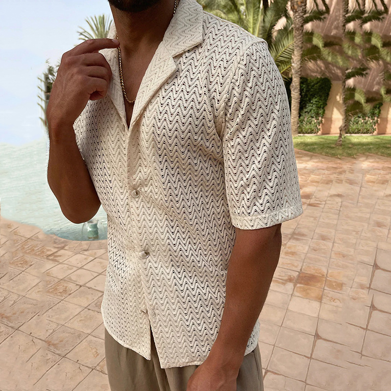 Men's Dress Shirts Summer Hollow Out Sexy Knitted Shirt Short Sleeve Slim Casual Male Clothing Button Tee Top Cardigans M3XL Streetwear 230628