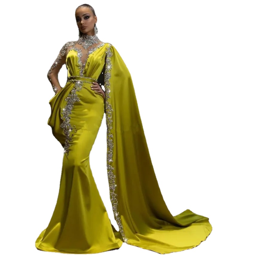 Prom Dress Arabic Lemon Green Crystals Formal Evening Dresses Mermaid Style Dubai Indian High Neck One Sleeve Cape Beads Long Trumpet
Prom Dress Arabic Lemon Green Crystals Formal Evening Dresses Mermaid Style Dubai Indian High Neck One Sleeve Cape Beads Long Trumpet
