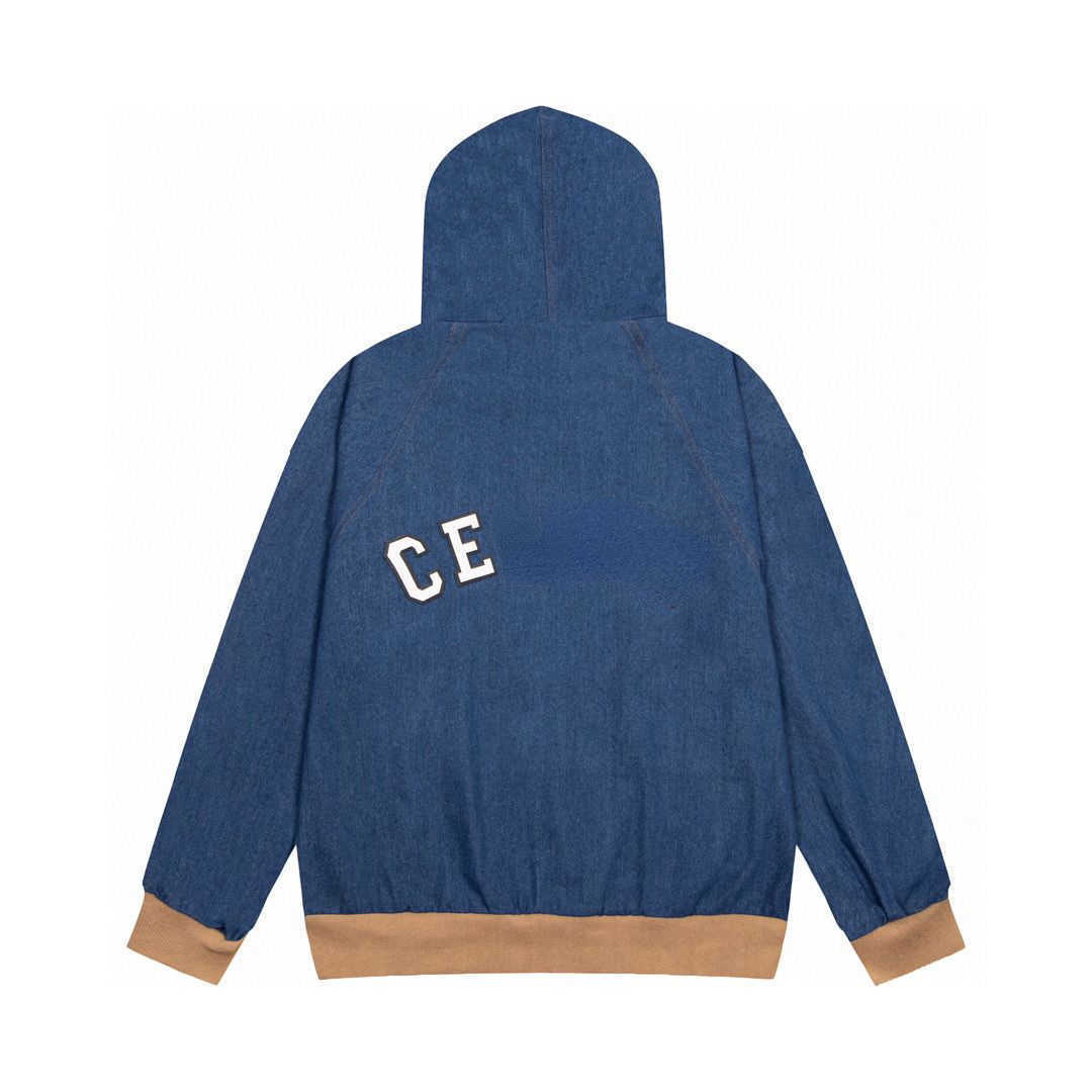CE jacket mens leather sticker letter embroidered denim hoodie couple style zipper sweater, Blue
CE jacket mens leather sticker letter embroidered denim hoodie couple style zipper sweater, Blue