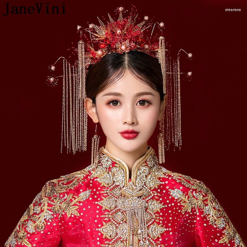 Hair Clips JaneVini Classic Red Bridal Crowns With Earrings Long Tassel Pearls Chinese Style Wedding Bride Head Jewelry Accessories
Hair Clips JaneVini Classic Red Bridal Crowns With Earrings Long Tassel Pearls Chinese Style Wedding Bride Head Jewelry Accessories