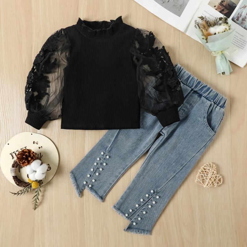 Clothing Sets Toddler Kids Baby Girls Puff Sleeve Flower Lace Ribbed T Shirt Tops Crop Denim Jeans Sweatpants For Teen Sweats, Black
Clothing Sets Toddler Kids Baby Girls Puff Sleeve Flower Lace Ribbed T Shirt Tops Crop Denim Jeans Sweatpants For Teen Sweats, Black