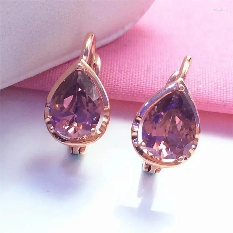 

Dangle Earrings 585 Purple Gold Plated 14K Rose Inlaid Ruby Water Drop For Women Simple Classic Party Jewelry Girlfriend