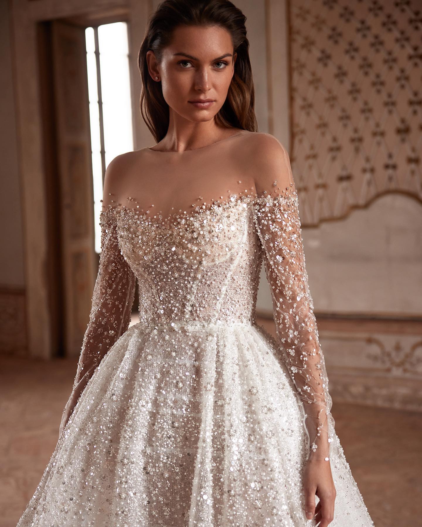 Milla Nova A e Dresses for bride Illusion Neck Long Sleeves Wedding Dress Beads Pearls Sequins designer bridal gowns
