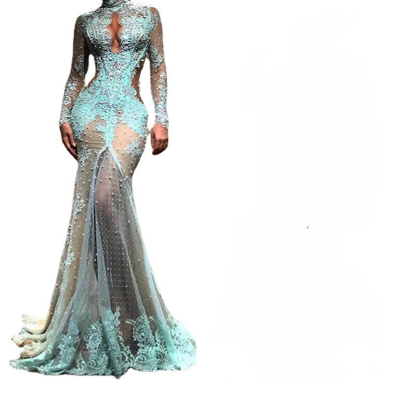 High Neck Luxury Full Lace Pearls Mermaid Evening Dresses Dubai See Through illusion High Split Formal Prom Cutaway Side Celebrity Gowns, Blue
High Neck Luxury Full Lace Pearls Mermaid Evening Dresses Dubai See Through illusion High Split Formal Prom Cutaway Side Celebrity Gowns, Blue