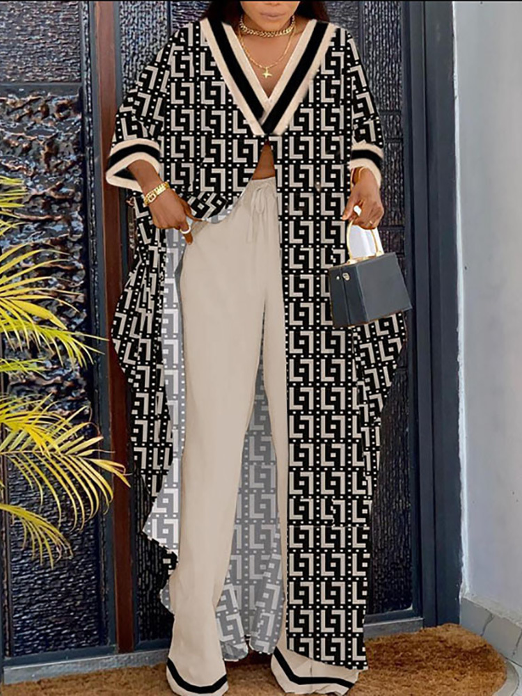 Women s Suits Blazers Matching Set Women Spring Summer Loungewear V Neck Flare Sleeve X Long Tops Wide Leg Pants 2PCS Outfit Streetwear Drop 230628