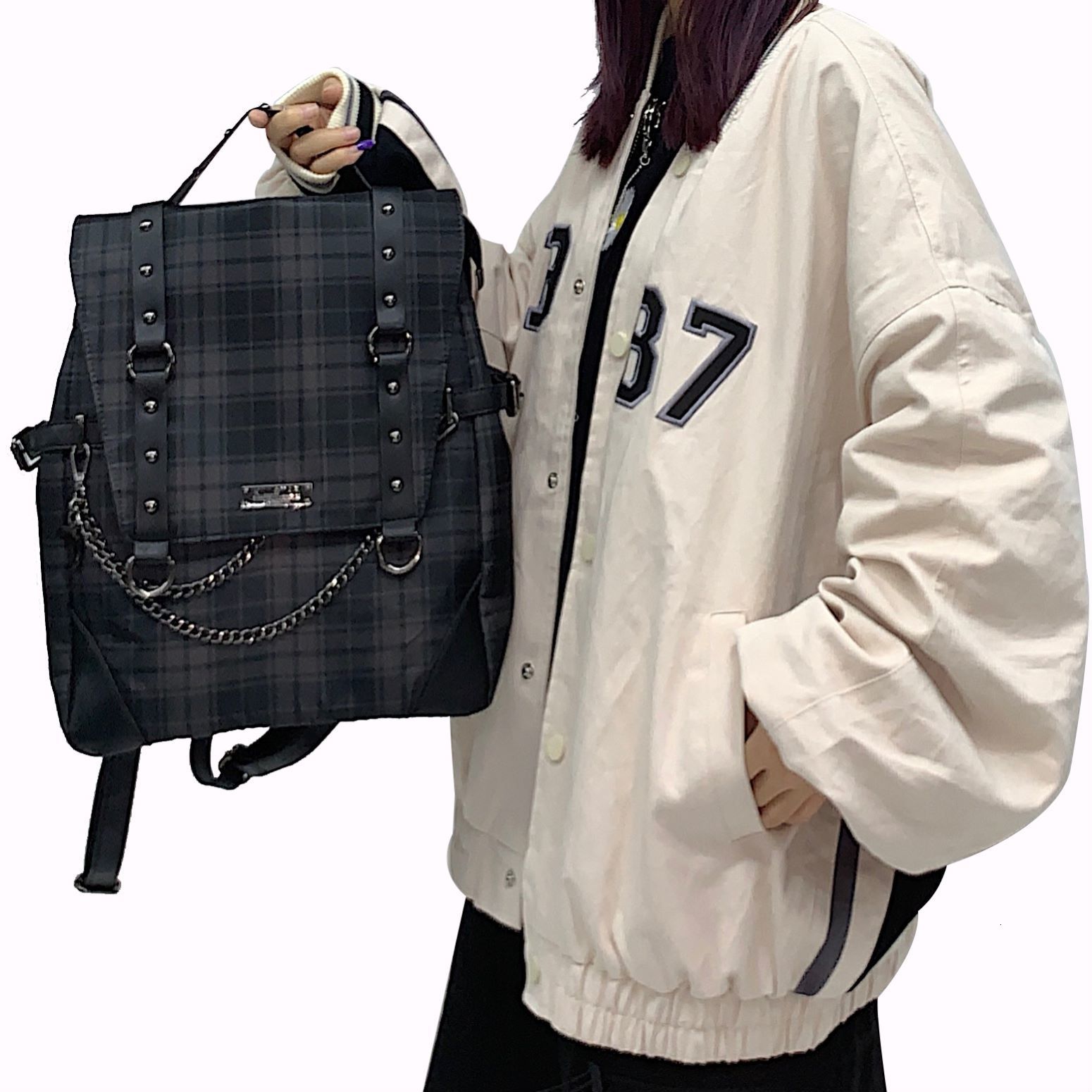 School Bags Y2K Women Gothic Punk Rock Check Chain Travel Large Capacity Backpack Bag Black Dark Academia Bags Schoolbag Backpacks Alt Men 230627