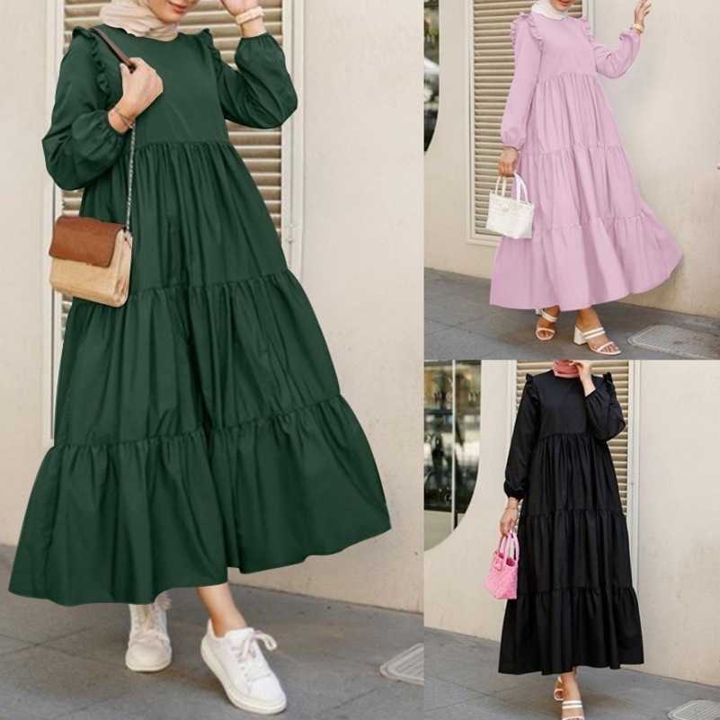 2022 Muslim New Ruffle Sleeve Pleated Bottom Solid Round Neck Long Women's Large Swing Dress, Pink4
2022 Muslim New Ruffle Sleeve Pleated Bottom Solid Round Neck Long Women's Large Swing Dress, Pink4