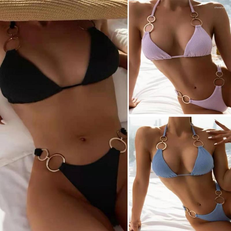 Women' Swimwear 2Pcs/Set Bikini Set Solid Color Round Hoop Halter Neck Metal Lady Swimsuit For Beach, Blue
Women' Swimwear 2Pcs/Set Bikini Set Solid Color Round Hoop Halter Neck Metal Lady Swimsuit For Beach, Blue
