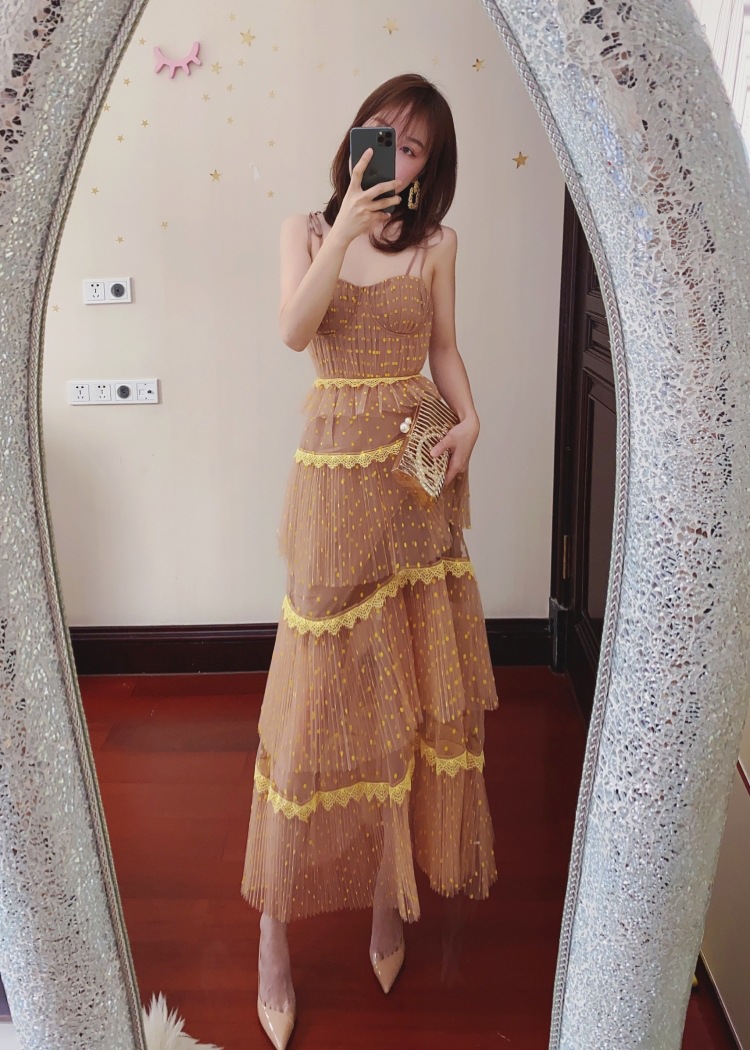 Auth S-elf Portrait Fresh Yellow Mesh Flocked Polka Dot High Waist Strap Dress Cake Long Dress, Beige
Auth S-elf Portrait Fresh Yellow Mesh Flocked Polka Dot High Waist Strap Dress Cake Long Dress, Beige