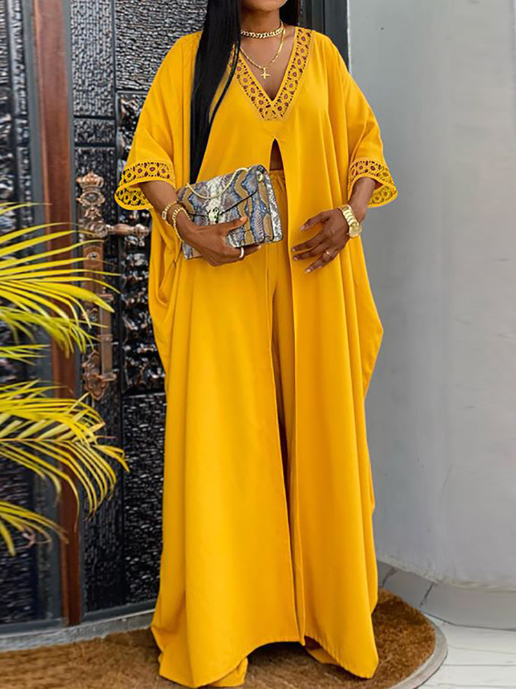 Women s Suits Blazers Matching Set Women Spring Summer Loungewear V Neck Flare Sleeve X Long Tops Wide Leg Pants 2PCS Outfit Streetwear Drop 230628