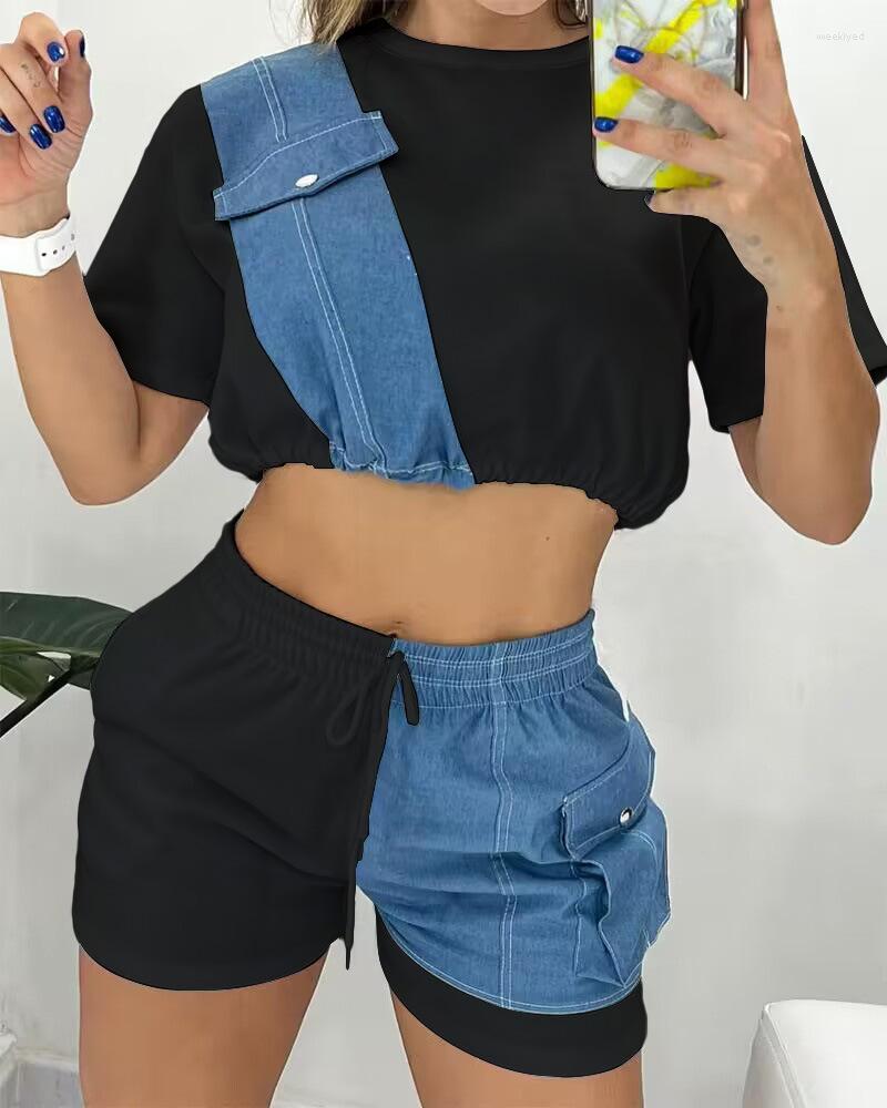 Women' Tracksuits Denim Patch Short Sleeve Top & Drawstring Shorts Set Chic Casual Fashion Round Neck Summer Daily Style, Blue
Women' Tracksuits Denim Patch Short Sleeve Top & Drawstring Shorts Set Chic Casual Fashion Round Neck Summer Daily Style, Blue