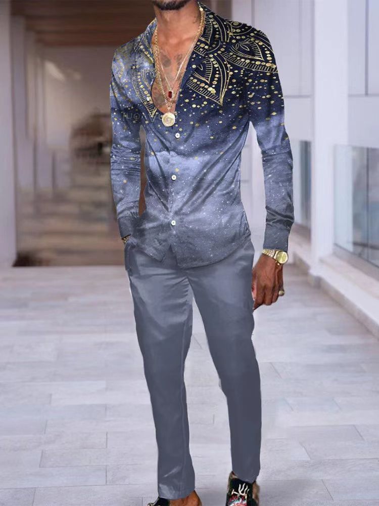 Mens Tracksuits Casual Long Sleeved Shirt And Pants Social Formal Set 230627