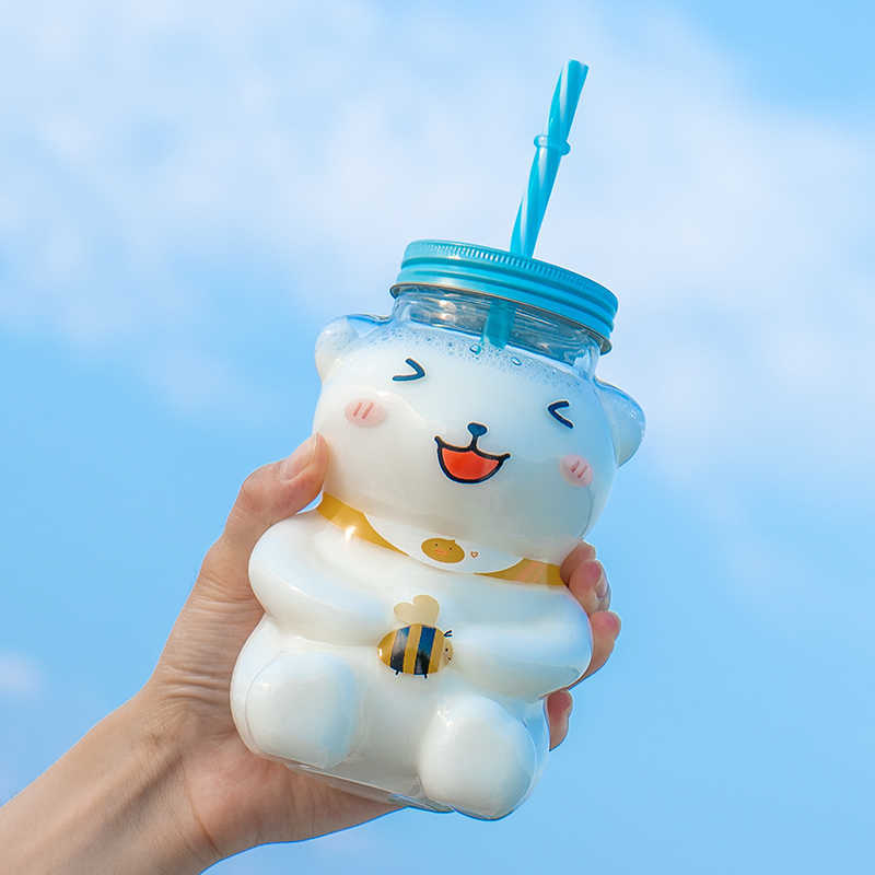 550ml New Funny Bear Drinking Bottle Cartoon Cute Clear Glass Water Bottle With Straw Milk Water Cup Birthday Gift For Girls L230620