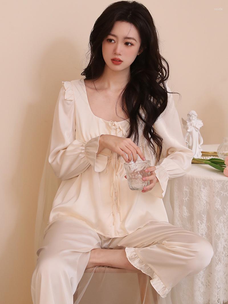 Women' Sleepwear Korean Long Sleeve Silk Pajamas Set Women Spring Summer Vintage Sweet Sexy Victorian Lace-up Kawaii Home Loungewear, Cream apricot
Women' Sleepwear Korean Long Sleeve Silk Pajamas Set Women Spring Summer Vintage Sweet Sexy Victorian Lace-up Kawaii Home Loungewear, Cream apricot