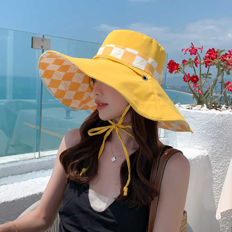 Wide Brim Bucket Hats Ladies Bucket Hat Double Sided Wear Fashion Checked Summer Beach Neck Protection Sun Visor Packable Wide Brimmed Foldable Revers