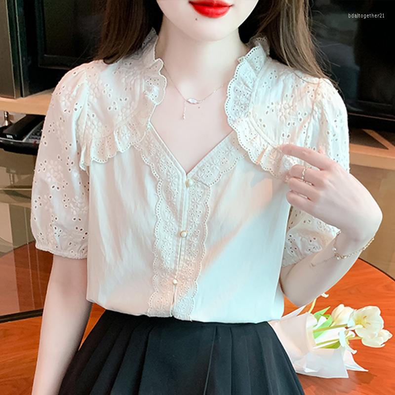 Women' Blouses Elegant Summer Short Sleeve Blouse Woman Hollow Out Ruffle Collar Lace Shirt Ladies 2023 Simple Casual V Neck Women Tops, Creamy-white
Women' Blouses Elegant Summer Short Sleeve Blouse Woman Hollow Out Ruffle Collar Lace Shirt Ladies 2023 Simple Casual V Neck Women Tops, Creamy-white